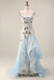 Light Blue Mermaid Sequin Long Prom Dress with Ruffles