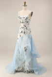 Light Blue Mermaid Sequin Long Prom Dress with Ruffles