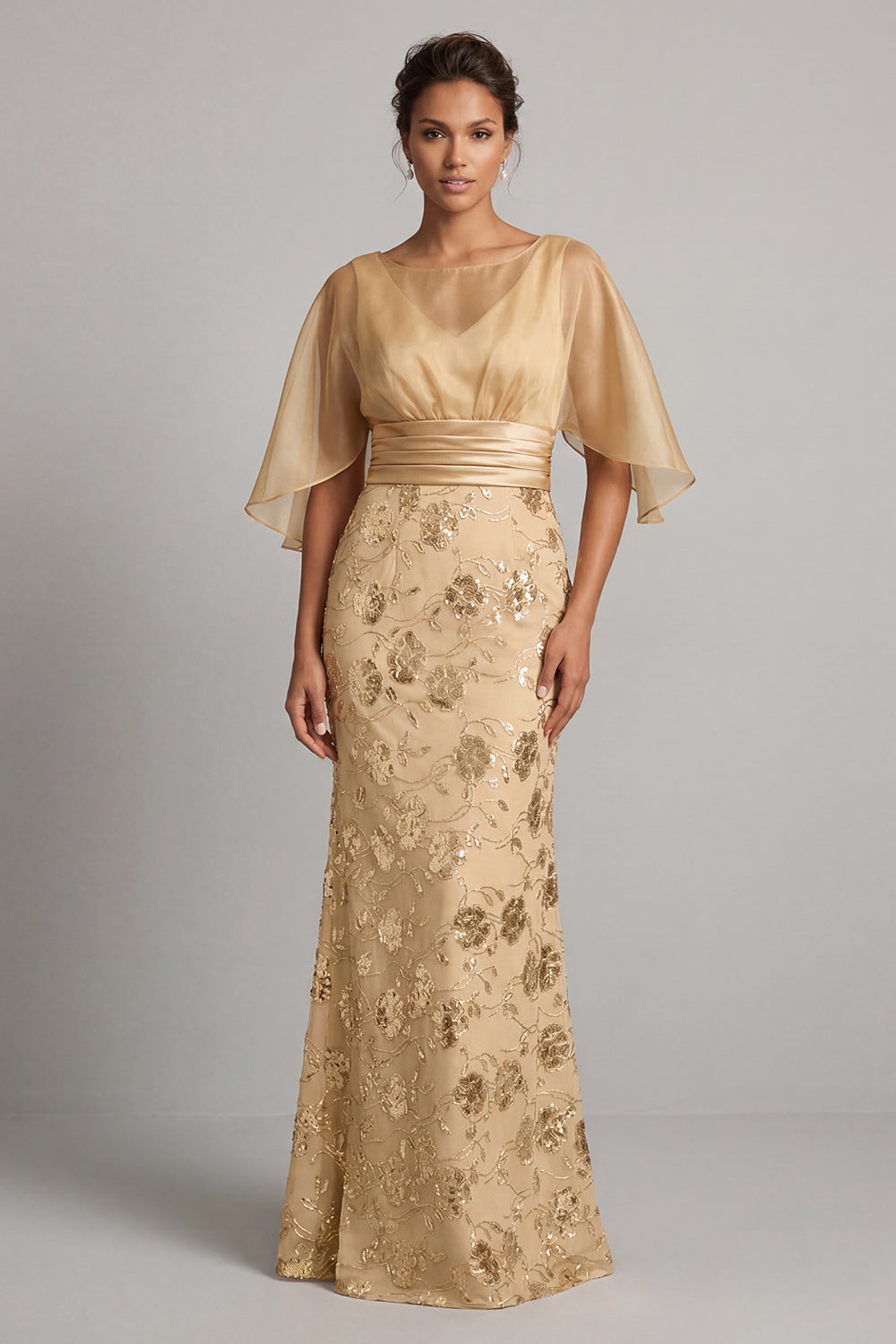 ZAPAKA Women Bateau Neck Mother Of the Bride Dress Half Sleeve Sequin Champagne Floral Mermaid Evening Dress, Champagne / US8