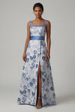 Square Neck A Line Dusty Blue Floral Mother Of Bride Dress
