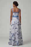 Square Neck A Line Dusty Blue Floral Mother Of Bride Dress