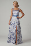 Square Neck A Line Dusty Blue Floral Mother Of Bride Dress