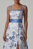 Square Neck A Line Dusty Blue Floral Mother Of Bride Dress