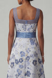 Square Neck A Line Dusty Blue Floral Mother Of Bride Dress