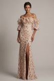 Champagne Off the Shoulder Mermaid Sequins Long Mother Of the Bride Dress with Slit