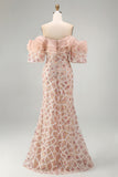 Champagne Off the Shoulder Mermaid Sequins Long Mother Of the Bride Dress with Slit