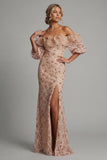 Champagne Off the Shoulder Mermaid Sequins Long Mother Of the Bride Dress with Slit
