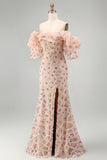 Champagne Off the Shoulder Mermaid Sequins Long Mother Of the Bride Dress with Slit