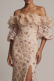Champagne Off the Shoulder Mermaid Sequins Long Mother Of the Bride Dress with Slit