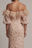 Champagne Off the Shoulder Mermaid Sequins Long Mother Of the Bride Dress with Slit