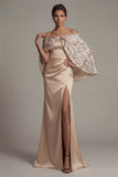 Satin Off the Shoulder Champagne Mermaid Mother Of the Bride Dress with Slit