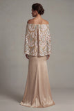 Satin Off the Shoulder Champagne Mermaid Mother Of the Bride Dress with Slit