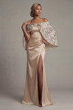 Satin Off the Shoulder Champagne Mermaid Mother Of the Bride Dress with Slit