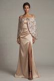 Satin Off the Shoulder Champagne Mermaid Mother Of the Bride Dress with Slit