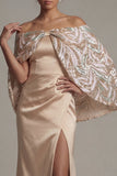 Satin Off the Shoulder Champagne Mermaid Mother Of the Bride Dress with Slit