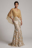 Sparkly Champagne Mermaid Sequins V-Neck Mother Of the Bride Dress with Cape