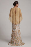 Sparkly Champagne Mermaid Sequins V-Neck Mother Of the Bride Dress with Cape