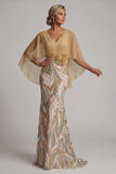 Sparkly Champagne Mermaid Sequins V-Neck Mother Of the Bride Dress with Cape