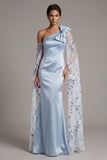 Sky Blue Satin Mermaid One Shoulder Mother Of the Bride Dress with Bow