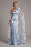 Sky Blue Satin Mermaid One Shoulder Mother Of the Bride Dress with Bow