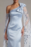 Sky Blue Satin Mermaid One Shoulder Mother Of the Bride Dress with Bow