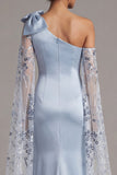 Sky Blue Satin Mermaid One Shoulder Mother Of the Bride Dress with Bow