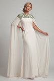 Ivory Chiffon Sheath Round Neck Mother Of the Bride Dress with Long Sleeves