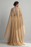 Champagne A-Line Round Neck Sequins Mother Of the Bride Dress with Long Sleeves