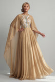 Champagne A-Line Round Neck Sequins Mother Of the Bride Dress with Long Sleeves
