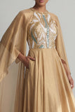 Champagne A-Line Round Neck Sequins Mother Of the Bride Dress with Long Sleeves