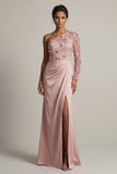 Satin Dusty Rose Sheath One Shoulder Ruched Mother Of the Bride Dress with Slit