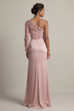 Satin Dusty Rose Sheath One Shoulder Ruched Mother Of the Bride Dress with Slit