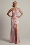Satin Dusty Rose Sheath One Shoulder Ruched Mother Of the Bride Dress with Slit