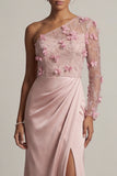Satin Dusty Rose Sheath One Shoulder Ruched Mother Of the Bride Dress with Slit