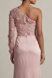 Satin Dusty Rose Sheath One Shoulder Ruched Mother Of the Bride Dress with Slit