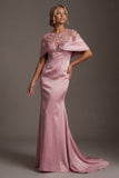 Mermaid Satin Pink Round Neck Long Mother Of the Bride Dress