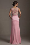 Satin Pink Round Neck Sheath Floral Long Mother Of the Bride Dress with Pocket