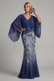 Sparkly Navy V-Neck Mermaid Mother of the Bride Dress with Cape Sleeves