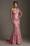 Sparkly One Shoulder Pink Mermaid Mother of the Bride Dress with Bow