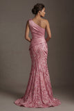 Sparkly One Shoulder Pink Mermaid Mother of the Bride Dress with Bow