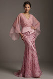 Pink V-Neck Mermaid Sequin Mother of the Bride Dress with Cape Sleeves