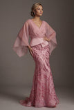 Pink V-Neck Mermaid Sequin Mother of the Bride Dress with Cape Sleeves