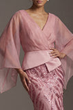 Pink V-Neck Mermaid Sequin Mother of the Bride Dress with Cape Sleeves