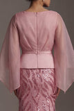 Pink V-Neck Mermaid Sequin Mother of the Bride Dress with Cape Sleeves