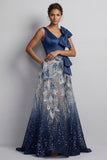 Sparkly Navy V-Neck A Line Mother of the Bride Dress with Bow