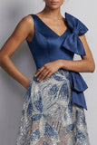 Sparkly Navy V-Neck A Line Mother of the Bride Dress with Bow