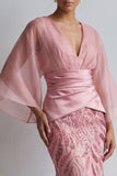 Sparkly Pink V-Neck Mermaid Mother of the Bride Dress with Cape Sleeves