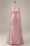 Mermaid Pink Illusion Neck 3D Floral Evening Dress with Cape Sleeves