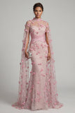 Pink Illusion Neck Mermaid Floral Mother of the Bride Dress with Cape Sleeves