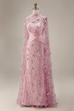 Pink Illusion Neck Mermaid Floral Mother of the Bride Dress with Cape Sleeves